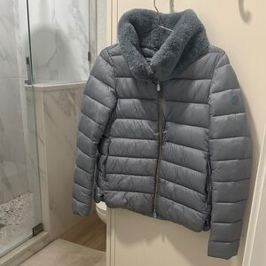 Save The Duck Blue/Gray Light Puffer Jacket with Faux Fur Collar - Size XS